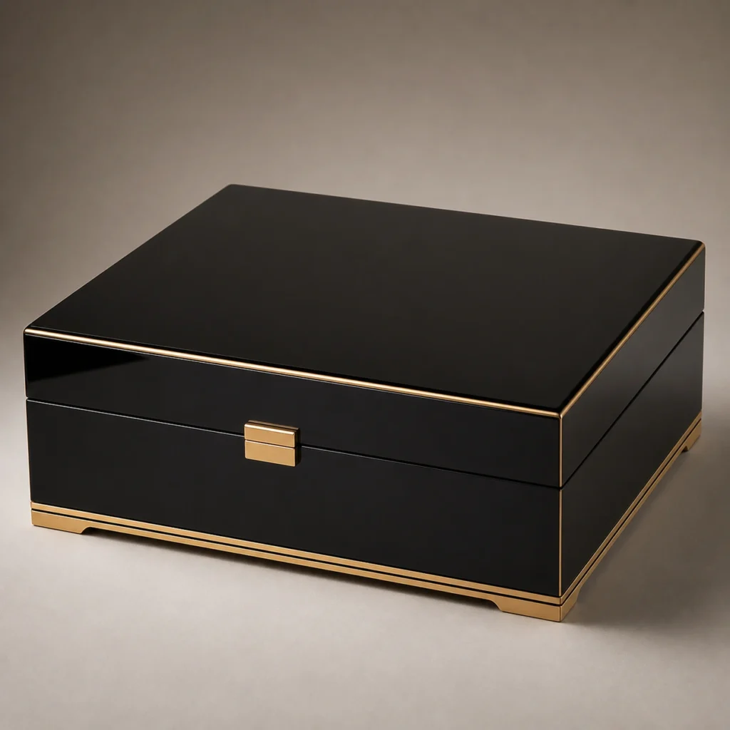 black lacquer wooden box for heritage gift collections closed front view