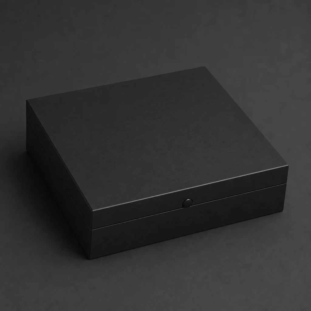 black matte wooden box for event ticket presentation closed front view
