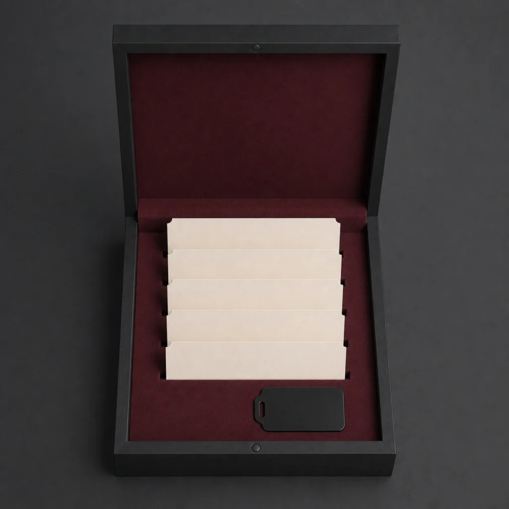 black matte wooden box for event ticket presentation top down interior view