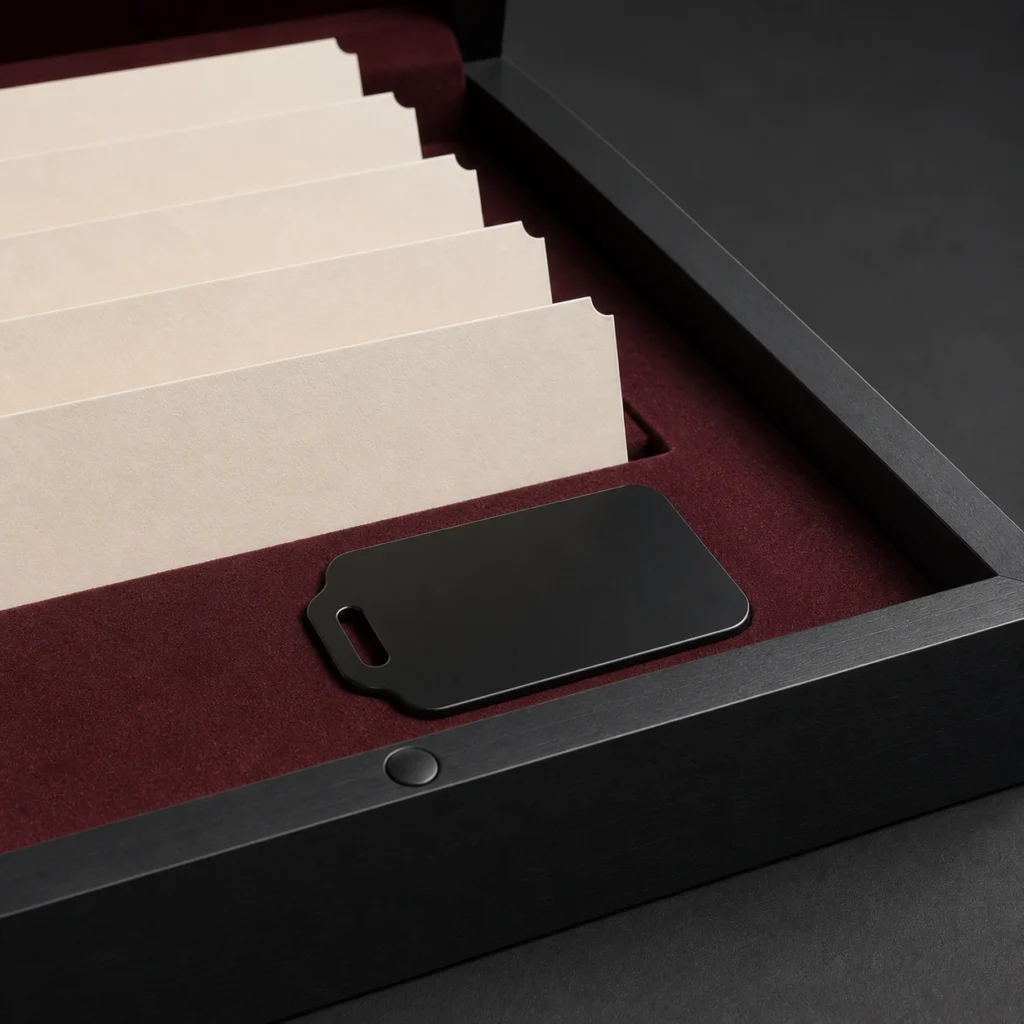 black matte wooden box for event ticket presentation craft and finish detail