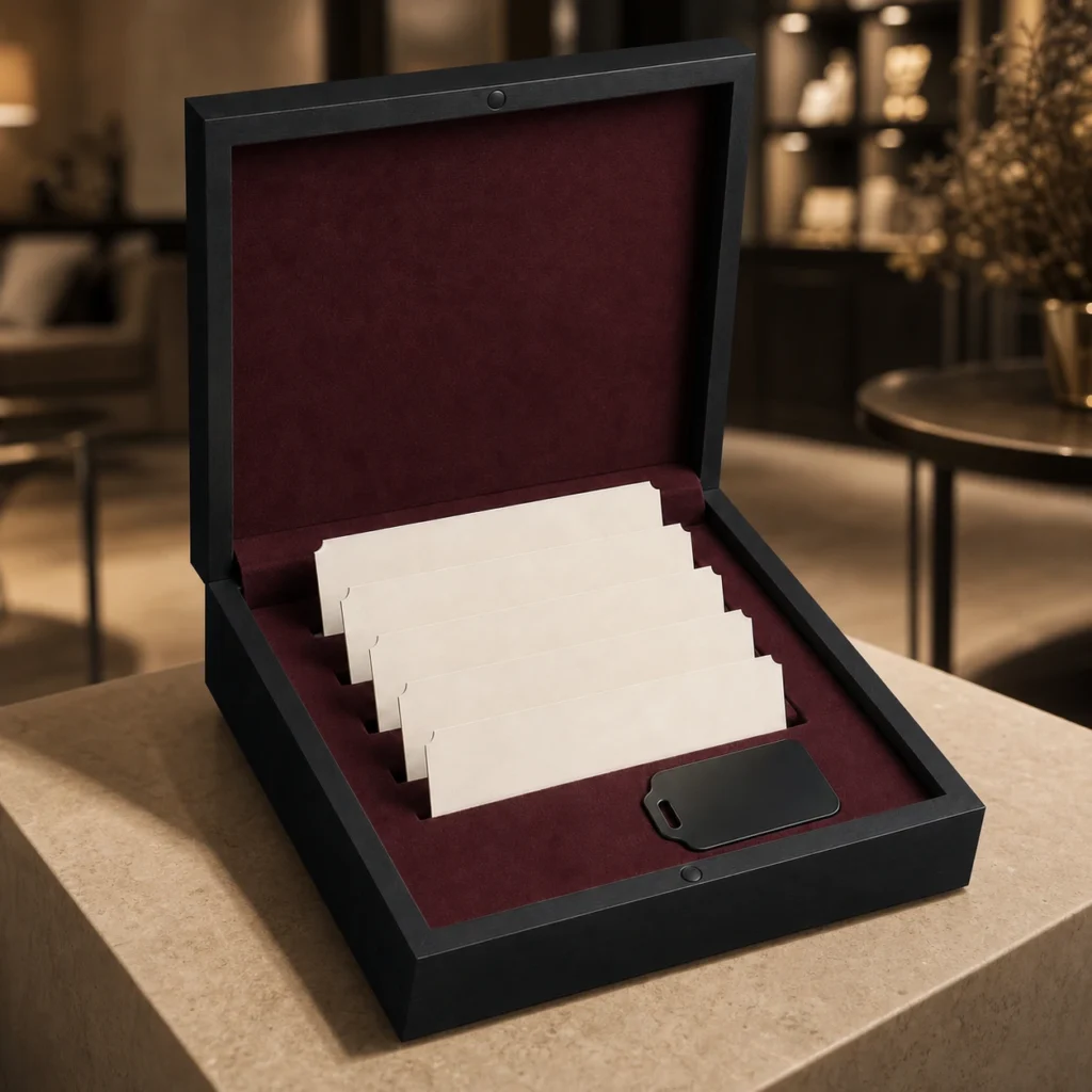 black matte wooden box for event ticket presentation showroom application scene