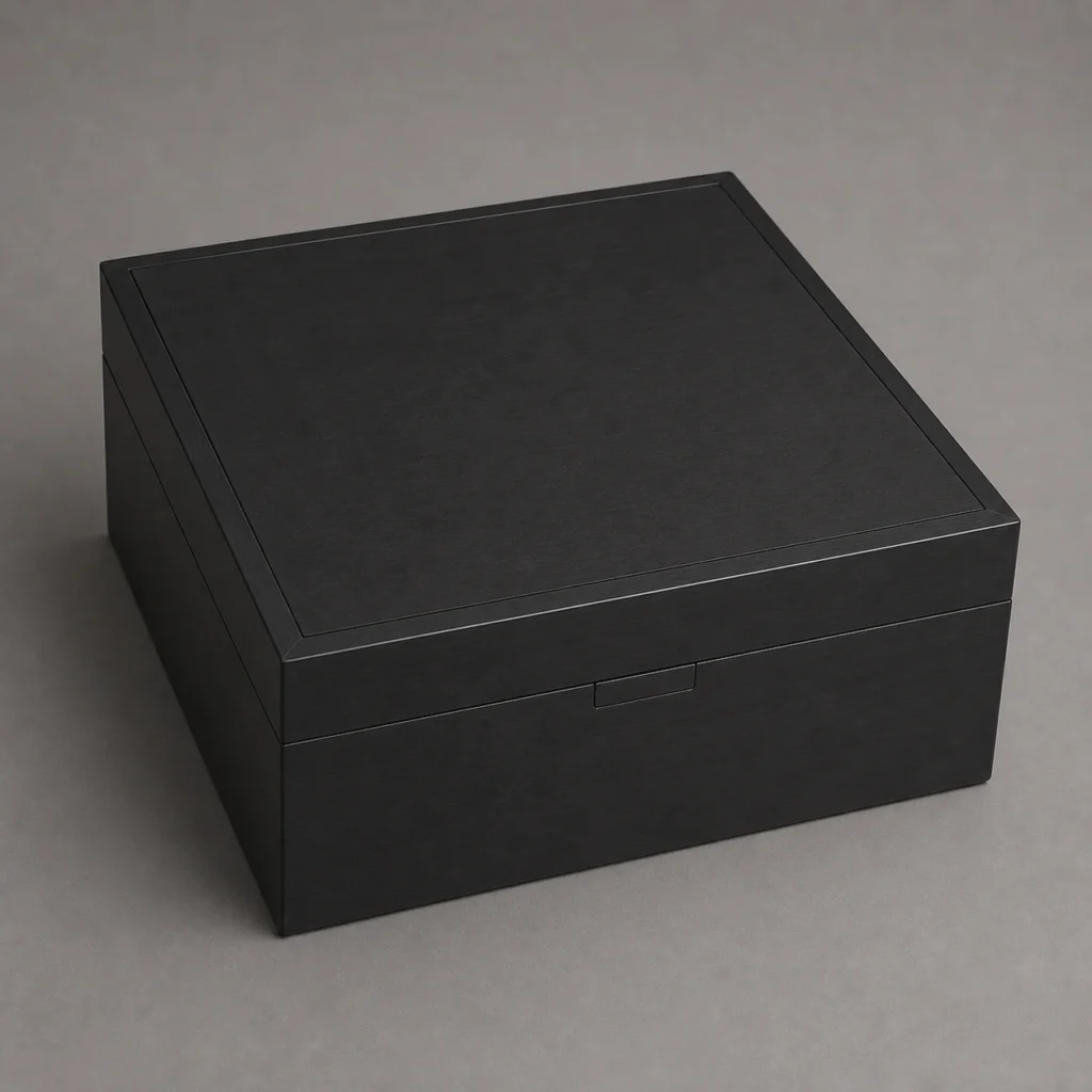 black matte wooden box for headphone presentation closed front view