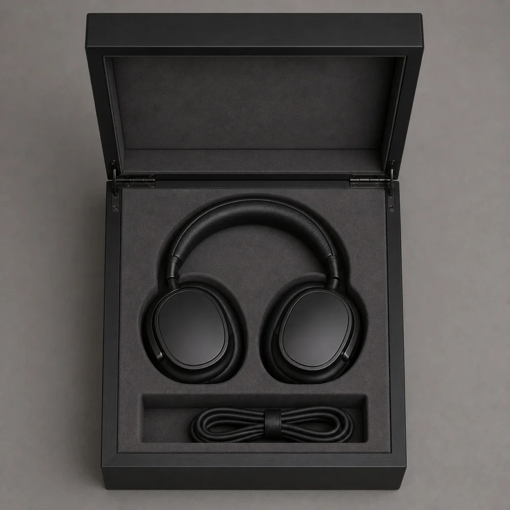 black matte wooden box for headphone presentation top down interior view