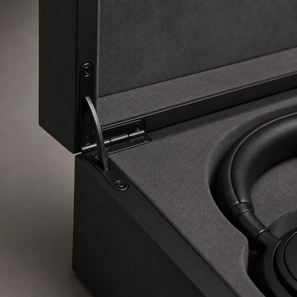 black matte wooden box for headphone presentation craft and finish detail