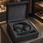black matte wooden box for headphone presentation showroom application scene