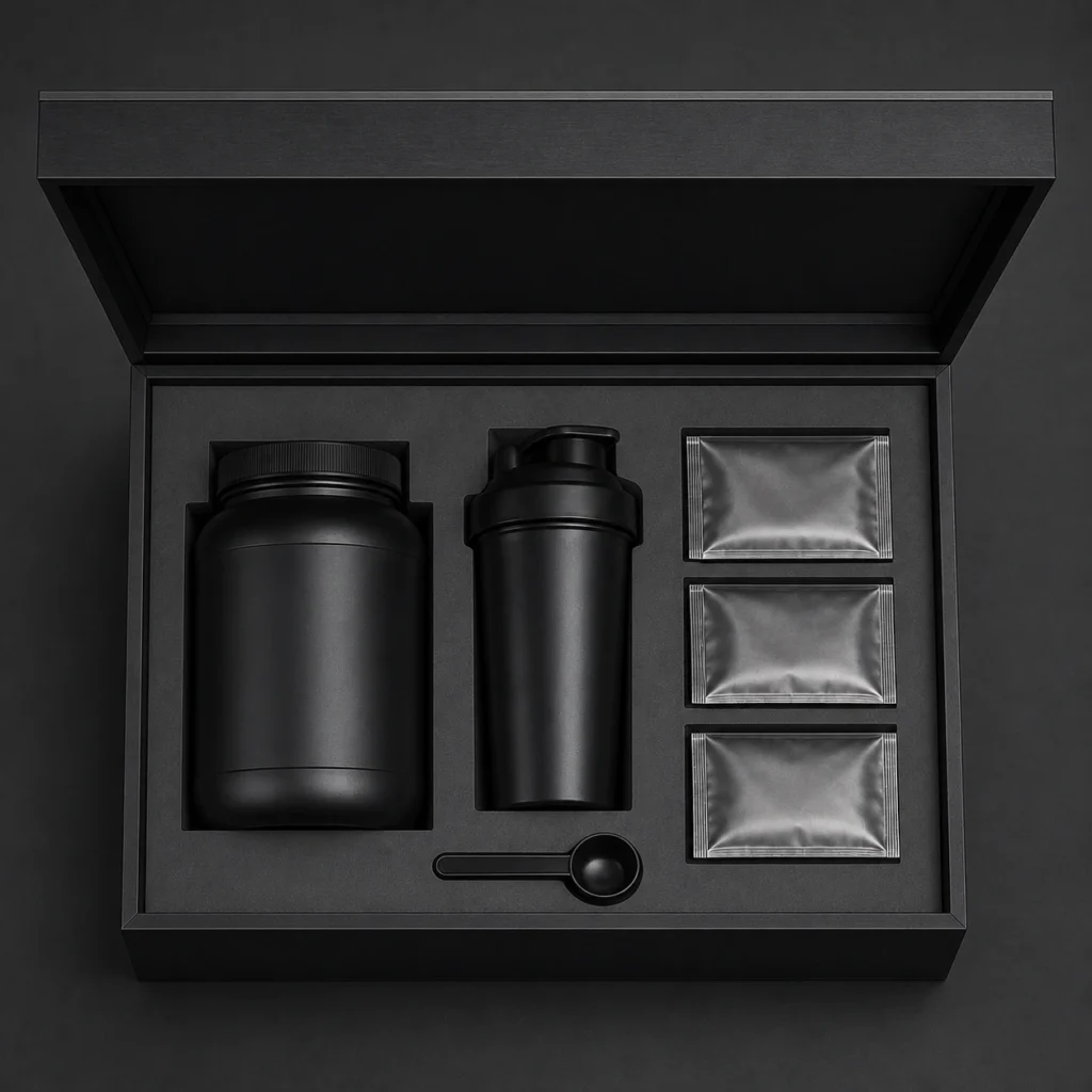 sports nutrition kit wood case in matte black top down interior view