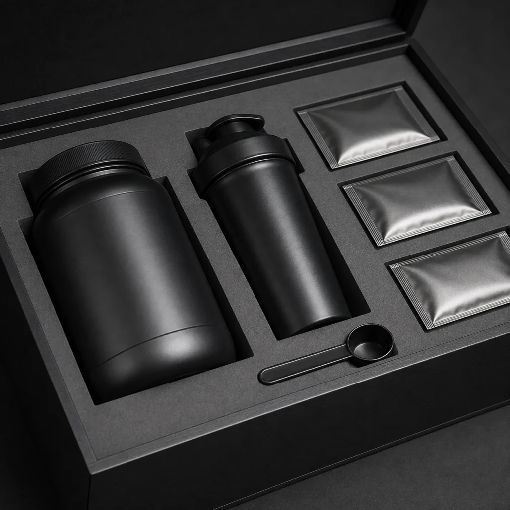 sports nutrition kit wood case in matte black craft and finish detail