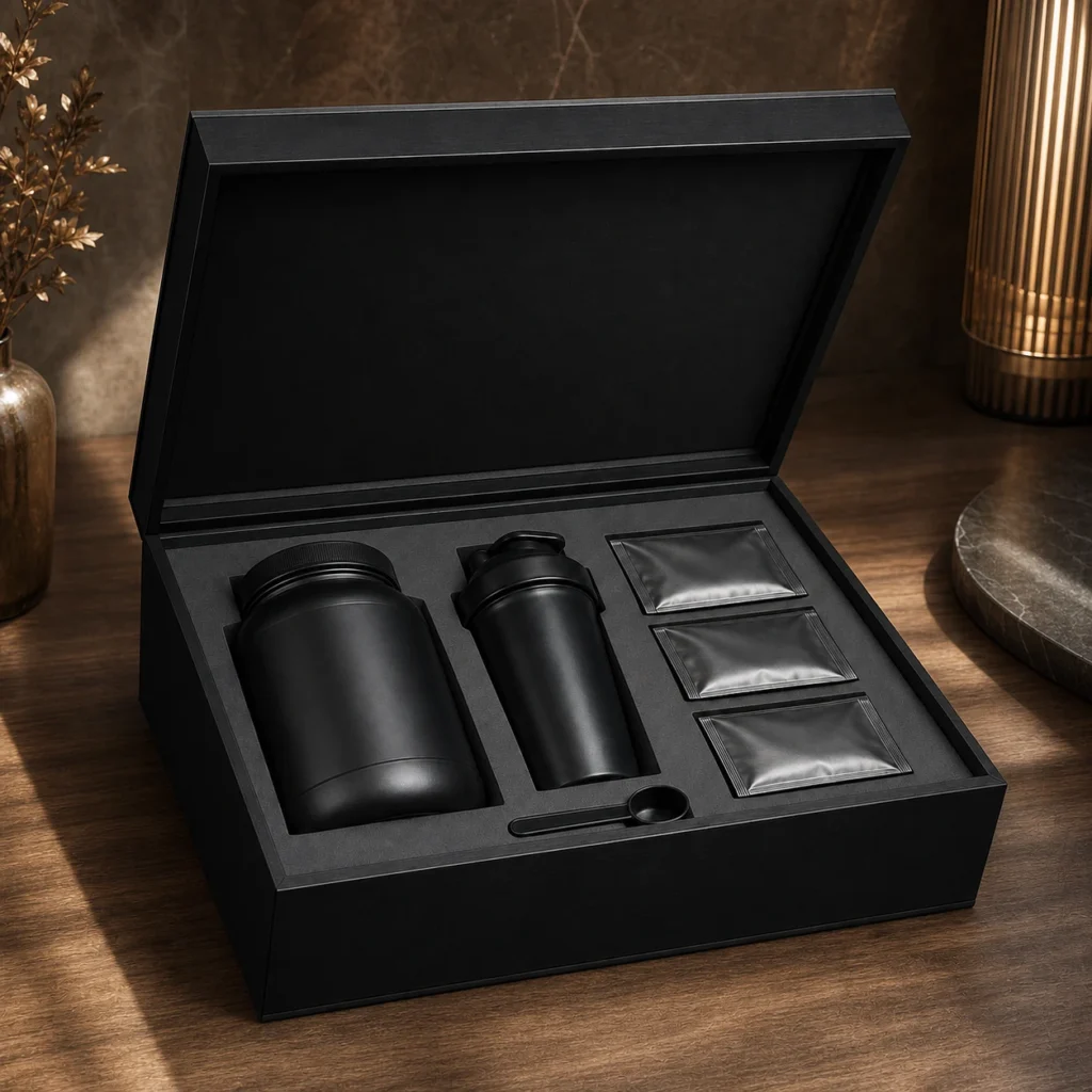 sports nutrition kit wood case in matte black showroom application scene