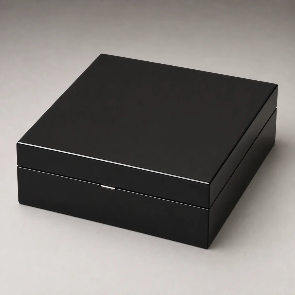 black piano lacquer wooden box for award presentation closed front view