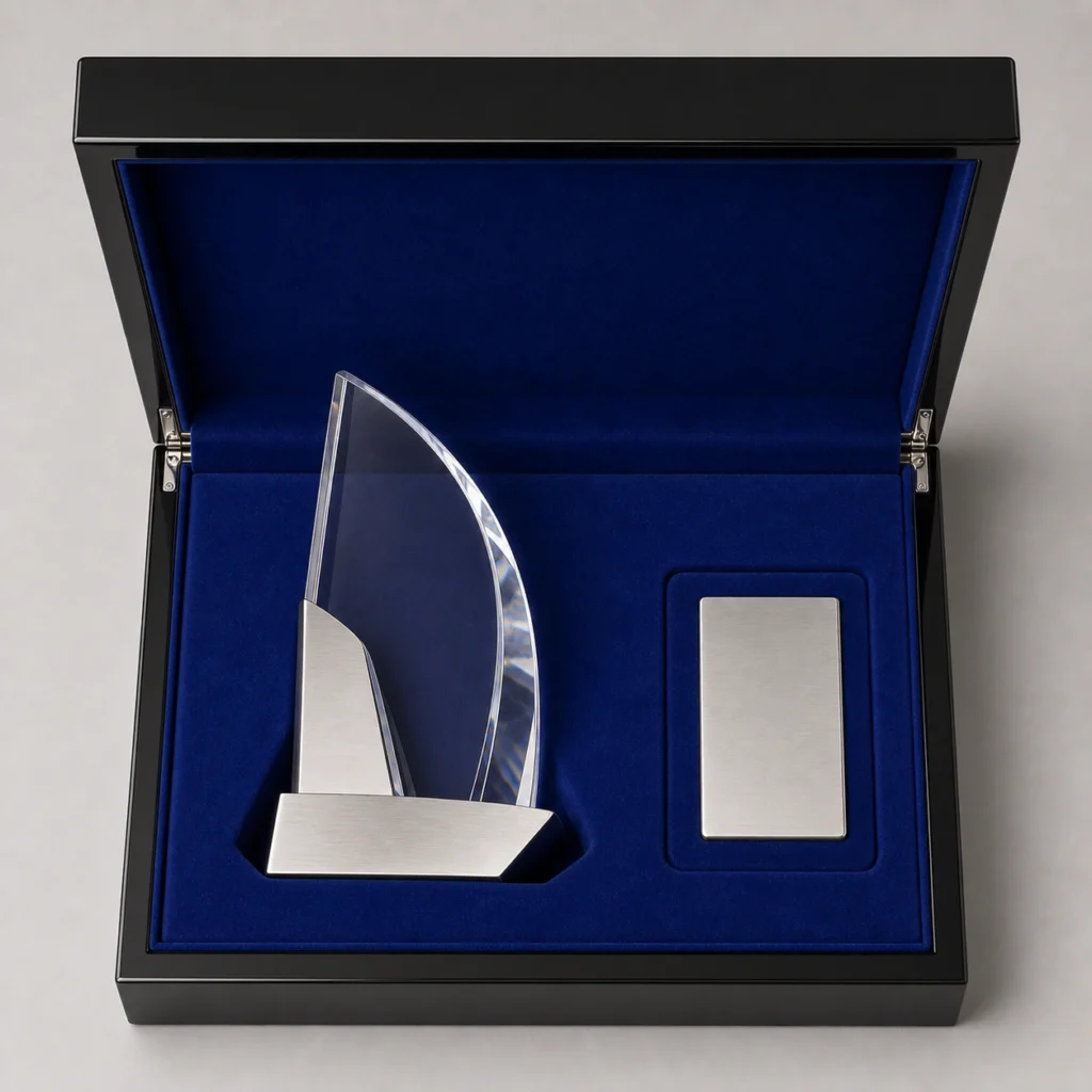 black piano lacquer wooden box for award presentation top down interior view