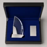 black piano lacquer wooden box for award presentation top down interior view