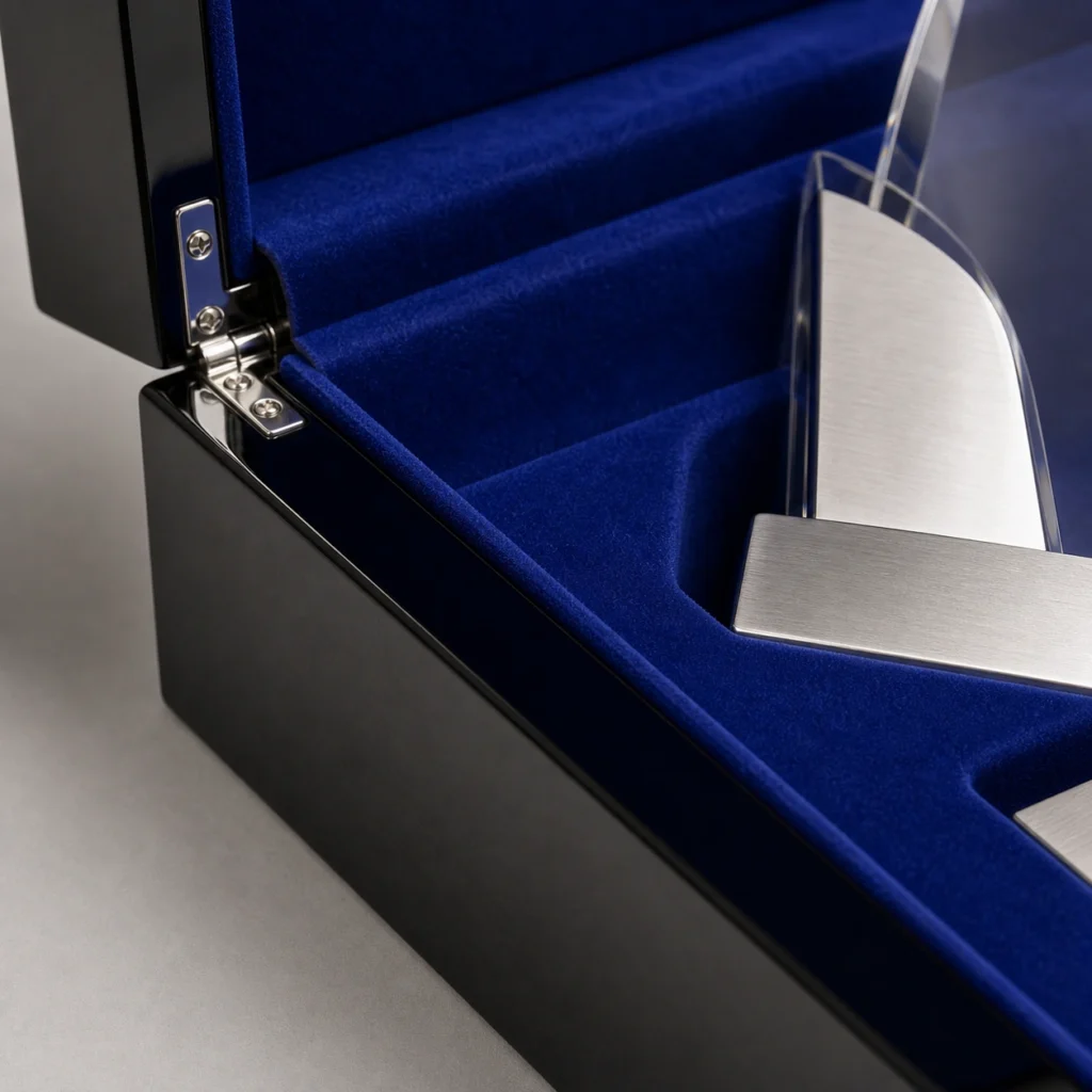black piano lacquer wooden box for award presentation craft and finish detail