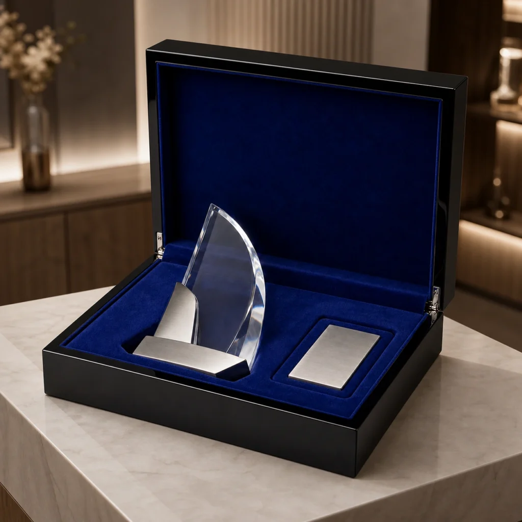 black piano lacquer wooden box for award presentation showroom application scene