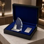 black piano lacquer wooden box for award presentation showroom application scene