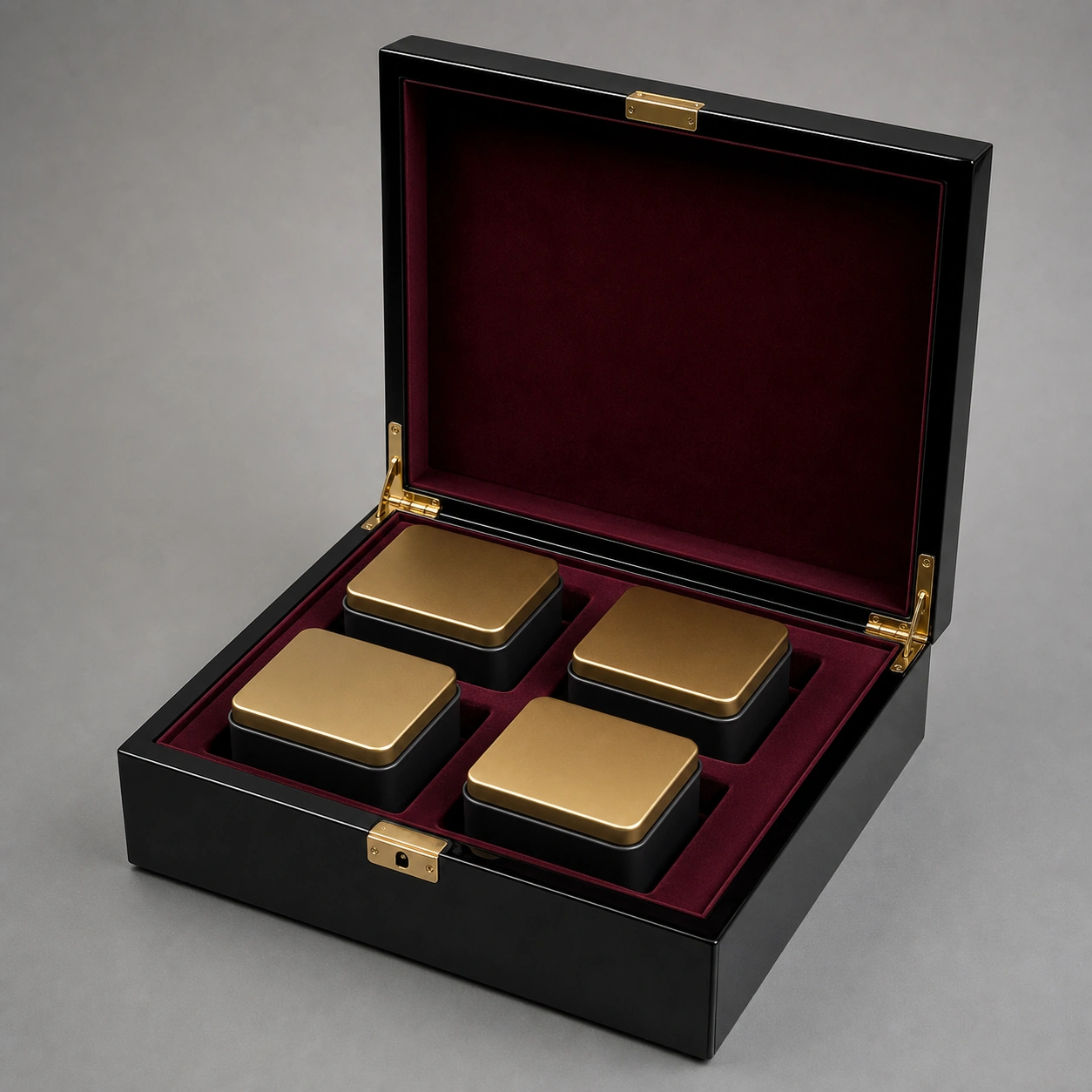 luxury tea tin wooden box in black piano lacquer hero open view