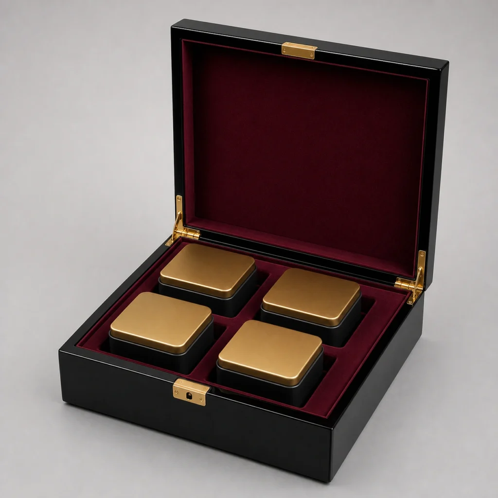 luxury tea tin wooden box in black piano lacquer closed front view