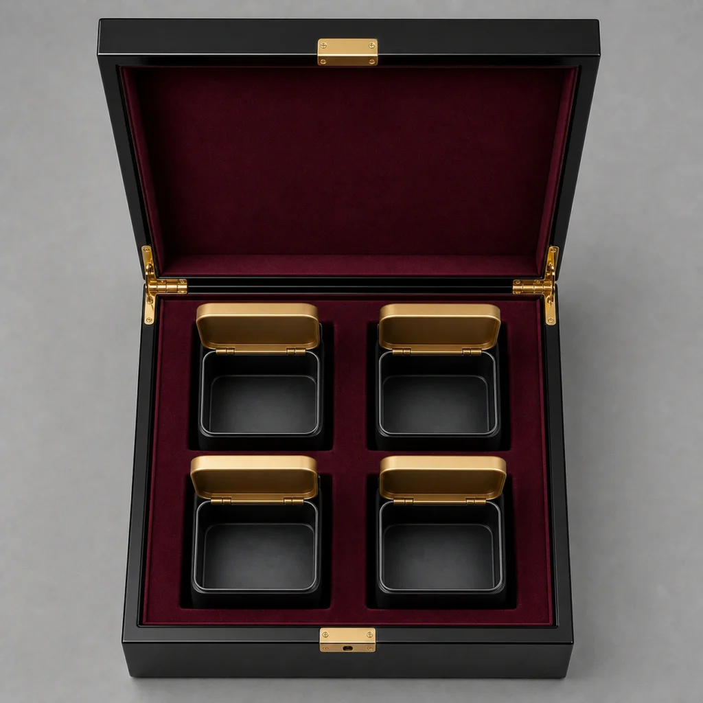luxury tea tin wooden box in black piano lacquer top down interior view