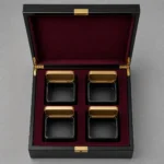 luxury tea tin wooden box in black piano lacquer top down interior view