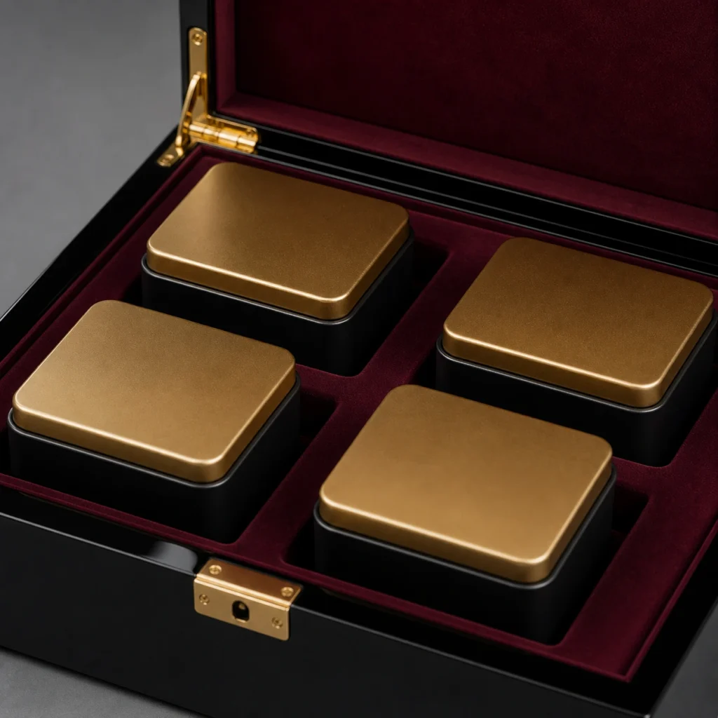 luxury tea tin wooden box in black piano lacquer craft and finish detail
