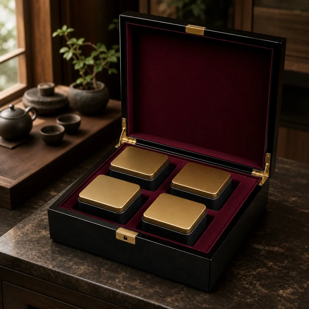 luxury tea tin wooden box in black piano lacquer showroom application scene