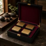 luxury tea tin wooden box in black piano lacquer showroom application scene
