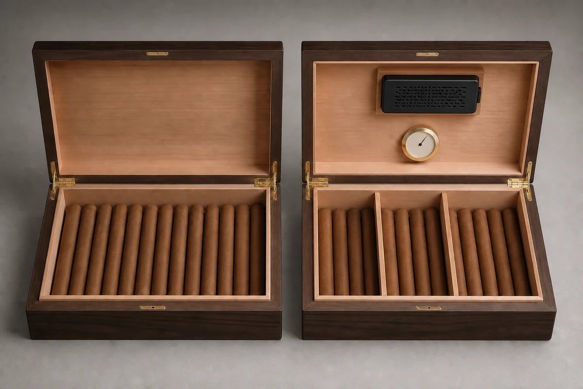 Side-by-side interiors of a presentation cigar box and humidity-managed humidor showing different component responsibilities