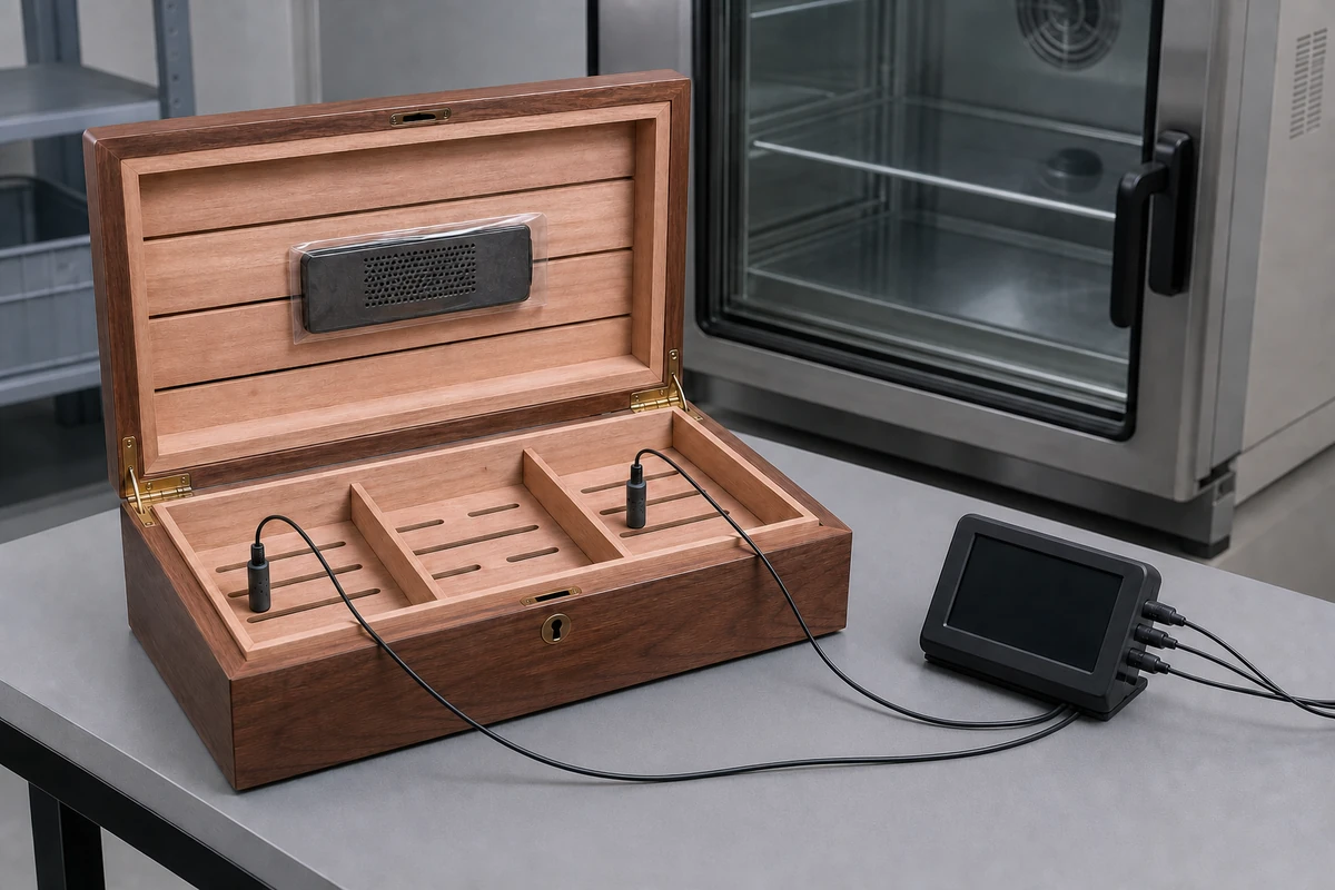 Humidity validation setup for a cigar humidor sample with two probes, a reference data logger, and an environmental chamber