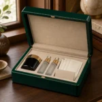 wellness collection wood case in emerald lacquer showroom application scene