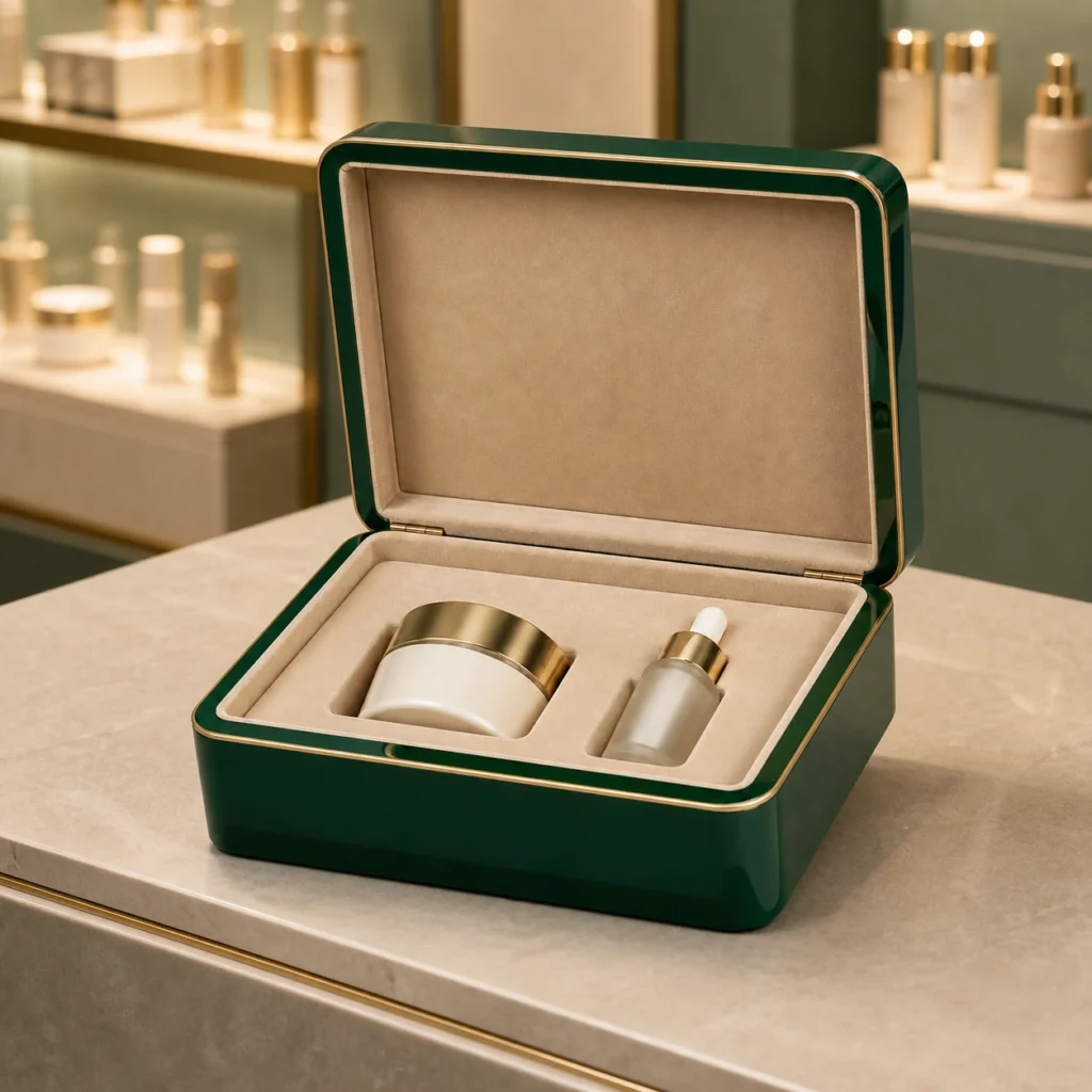 emerald piano lacquer wooden box for beauty gift sets showroom application scene