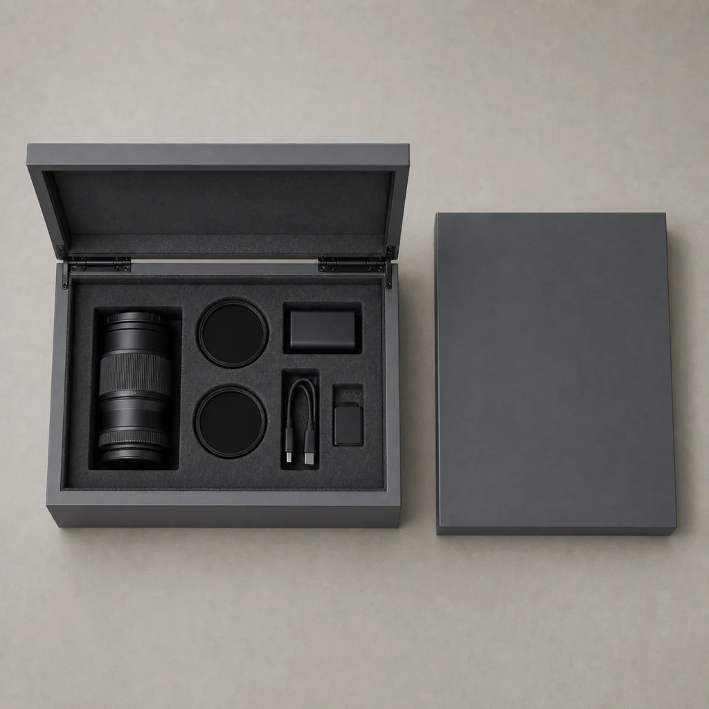 gray matte wooden box for camera accessory kits top down interior view