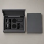 gray matte wooden box for camera accessory kits top down interior view