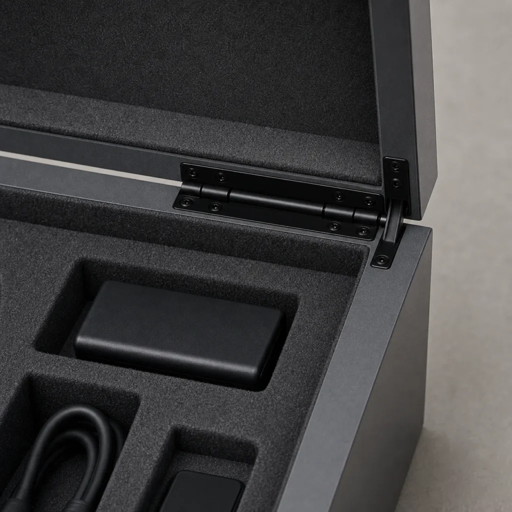 gray matte wooden box for camera accessory kits craft and finish detail