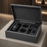 gray matte wooden box for camera accessory kits showroom application scene