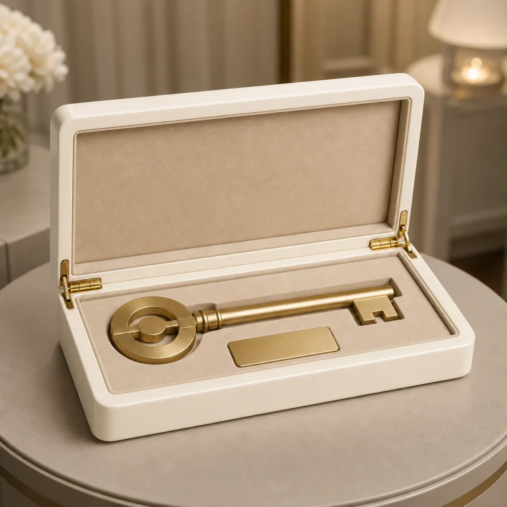 ivory lacquer wooden box for ceremonial keys showroom application scene