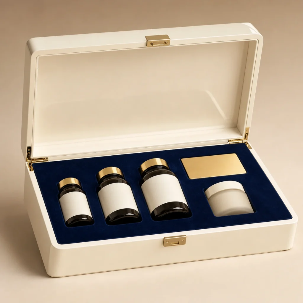 Premium Supplement Presentation Wooden Box in Ivory Lacquer