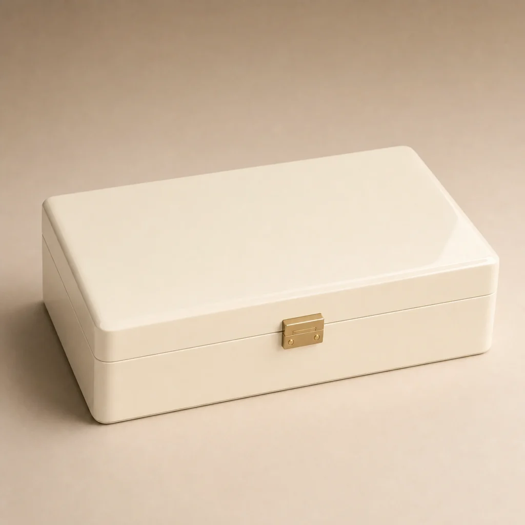 premium supplement presentation wooden box in ivory lacquer closed front view
