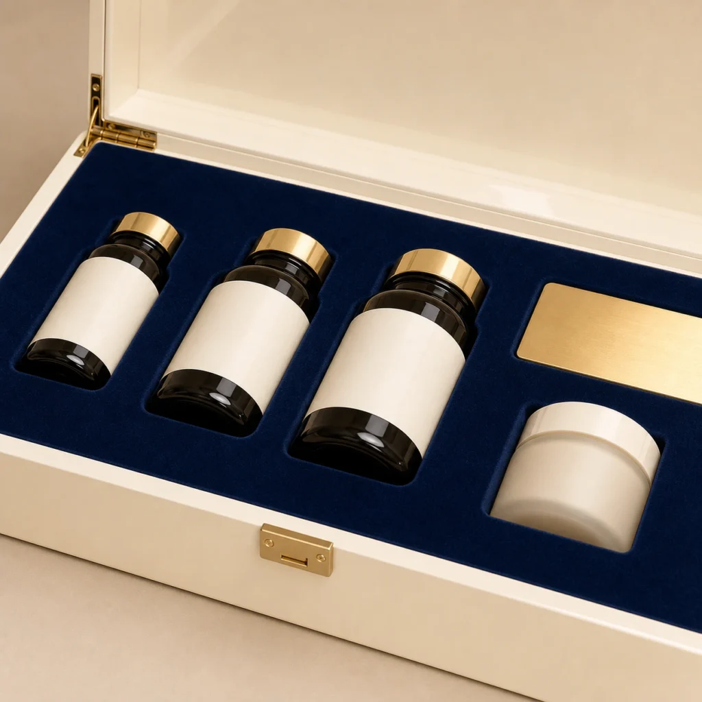 premium supplement presentation wooden box in ivory lacquer craft and finish detail