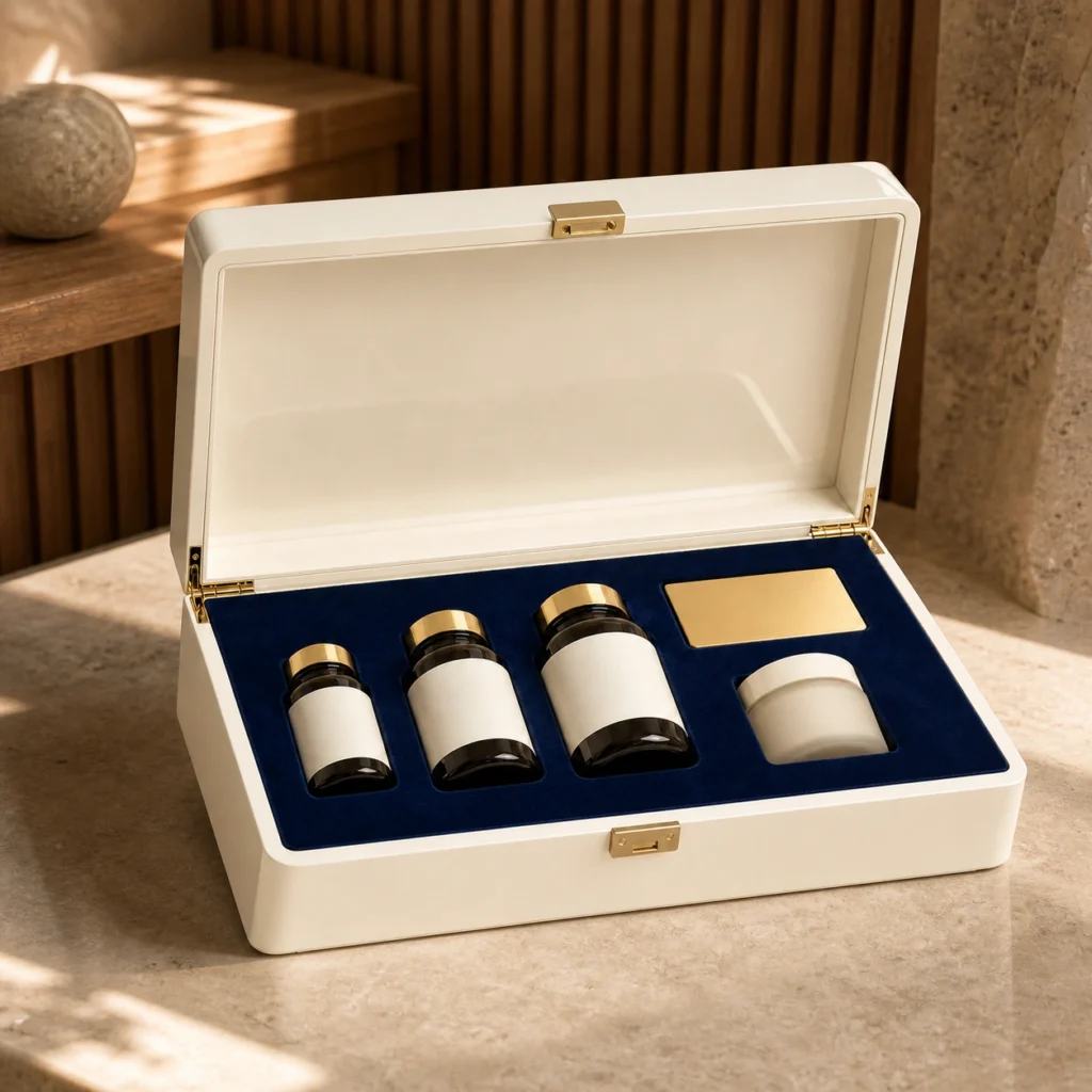 premium supplement presentation wooden box in ivory lacquer showroom application scene