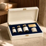 premium supplement presentation wooden box in ivory lacquer showroom application scene