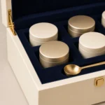 curated tea collection wood case in ivory lacquer craft and finish detail