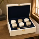 curated tea collection wood case in ivory lacquer showroom application scene
