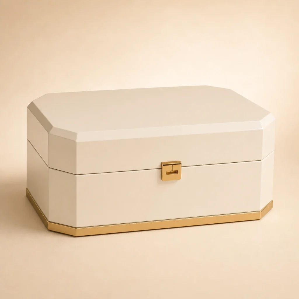 ivory lacquer wooden box for luxury cosmetic packaging closed front view