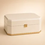 ivory lacquer wooden box for luxury cosmetic packaging closed front view
