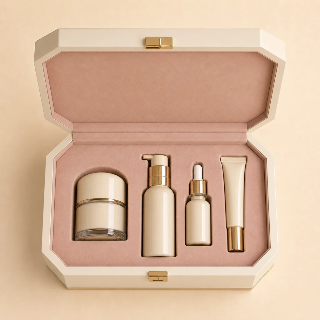 ivory lacquer wooden box for luxury cosmetic packaging top down interior view