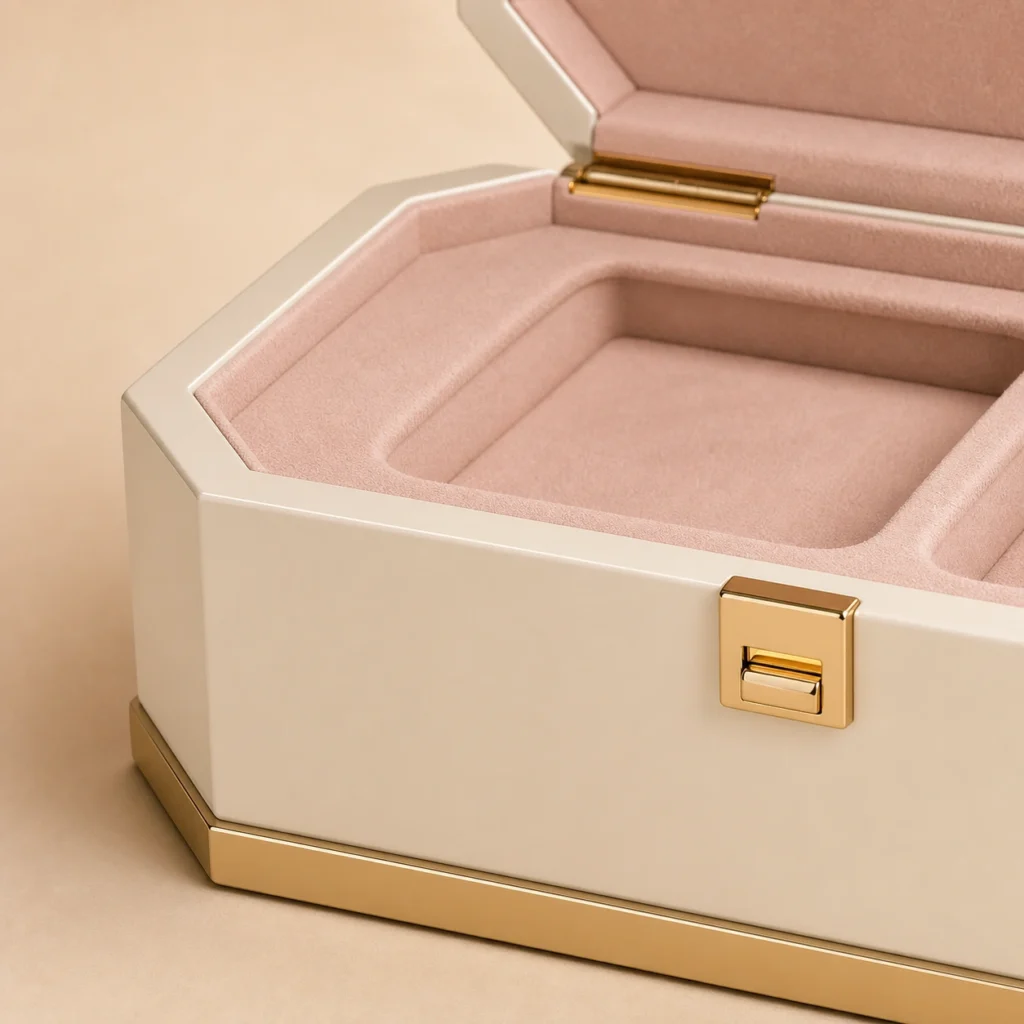 ivory lacquer wooden box for luxury cosmetic packaging craft and finish detail