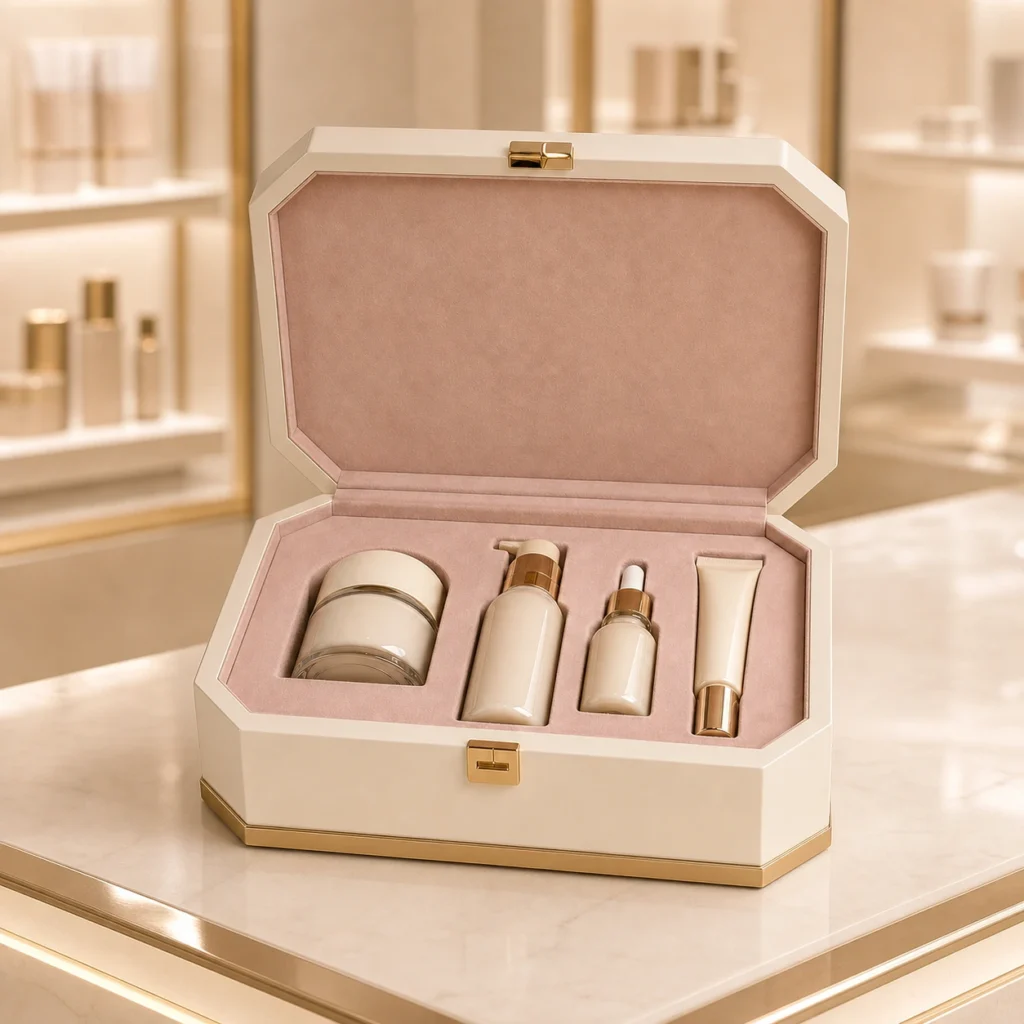 ivory lacquer wooden box for luxury cosmetic packaging showroom application scene