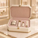 ivory lacquer wooden box for luxury cosmetic packaging showroom application scene