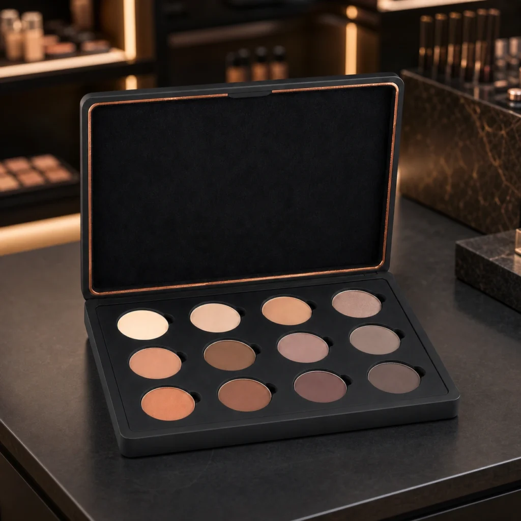 matte black wooden box for makeup palette packaging showroom application scene