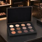 matte black wooden box for makeup palette packaging showroom application scene