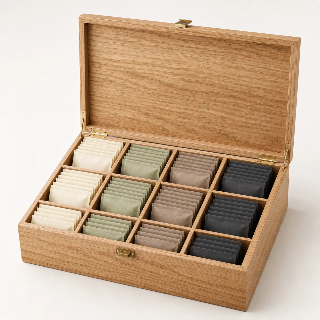 hotel tea bag wood box organizer with oak veneer hero open view